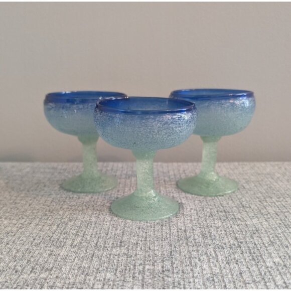 Unbranded Other - Mexican Cobalt Rim Hand Blown-Glass Mini Margarita/Dessert/Sorbet Cups, Set of 3